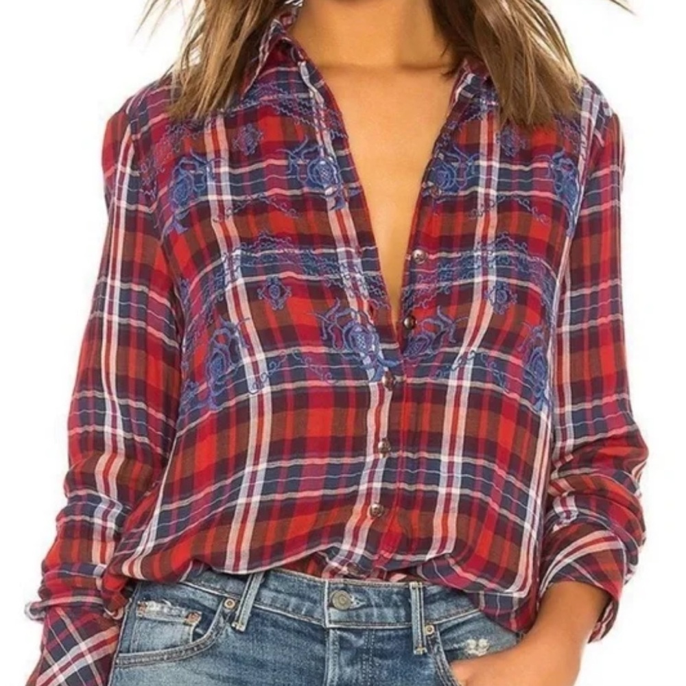 FREE PEOPLE MAGICAL PLAID BUTTON DOWN Red Embroidered Size Medium